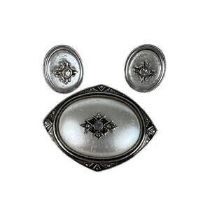 Vintage Avon Pin and Earring Set Silver Metal Pearl Whimsygoth Retro Fairy